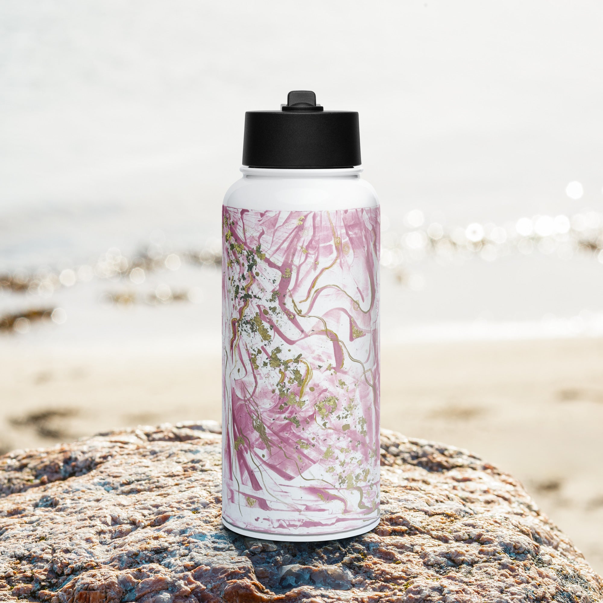 Golden unraveling - Stainless steel water bottle with a straw lid - Glow N Flow Studio 777