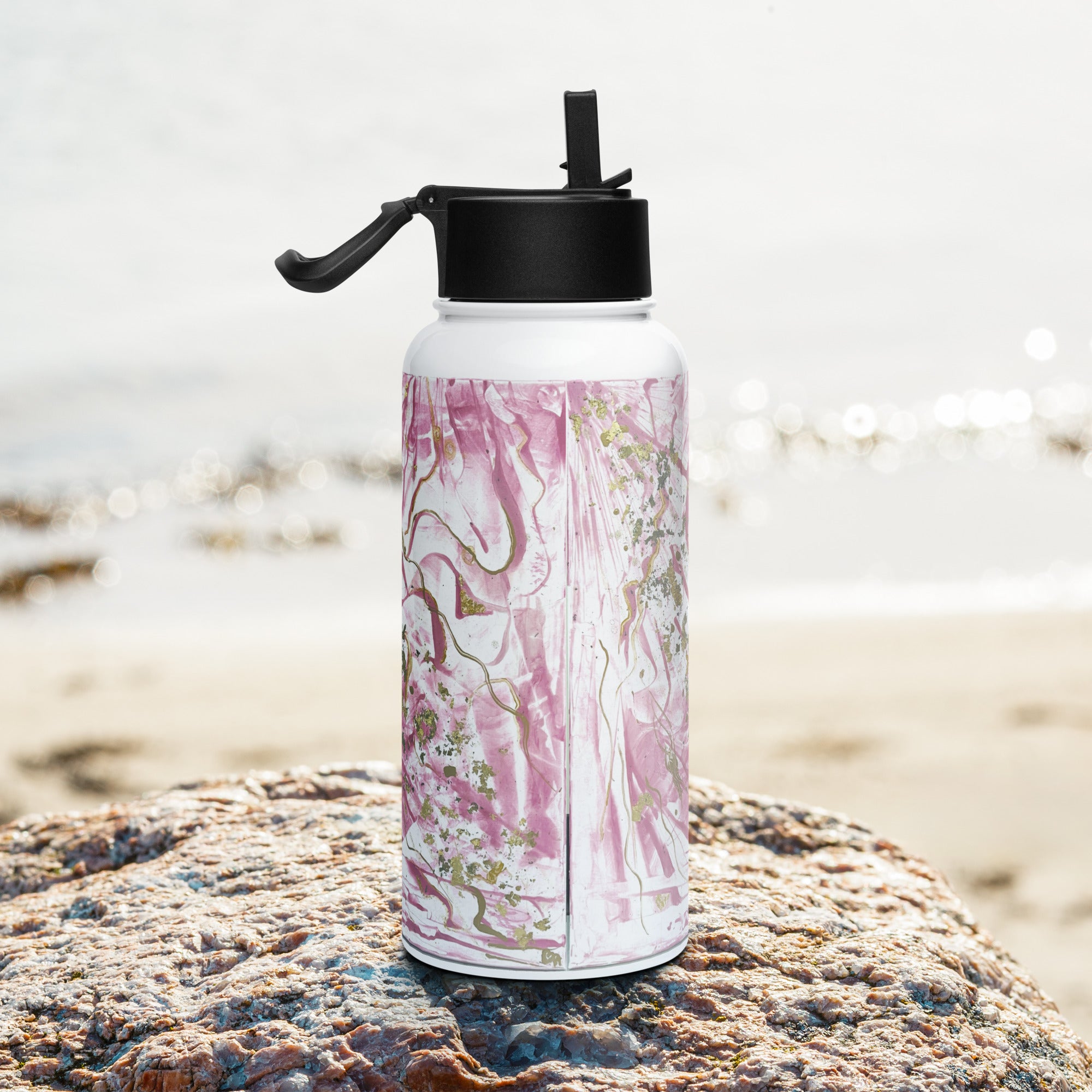 Golden unraveling - Stainless steel water bottle with a straw lid - Glow N Flow Studio 777